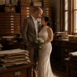 fotógrafo de bodas fotografía a una pareja en en antiguo archivo con estilo bohemio.