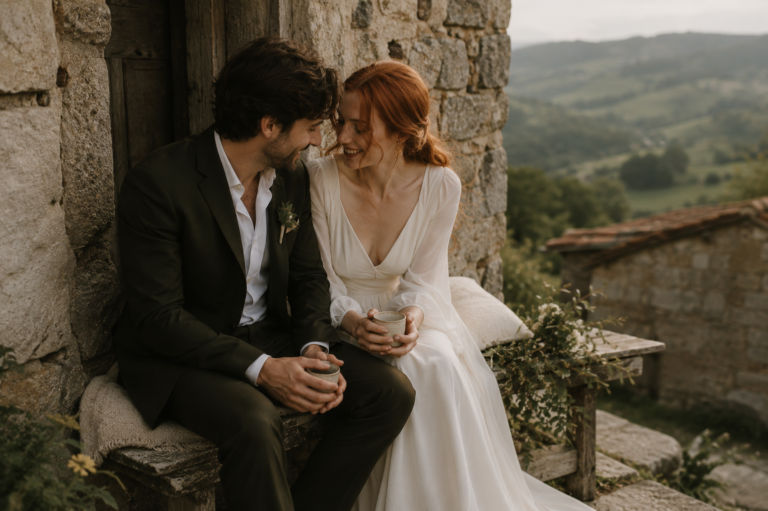 Fotografía de una pareja de novios disfrutando de un momento íntimo en una casa rural de piedra con vistas a la naturaleza. Reportaje de boda con estilo editorial, luz natural y ambiente romántico.